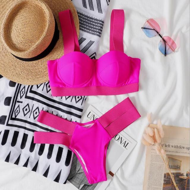Women Push Up Bikini Women Neon Bandage Swimwear Women Patchwork Bikini Swimsuit 2 Piece Cutout Molded Push Up Bathing Suit Ruffle Hook Closure Bikini Set Two Piece Bathing Suit