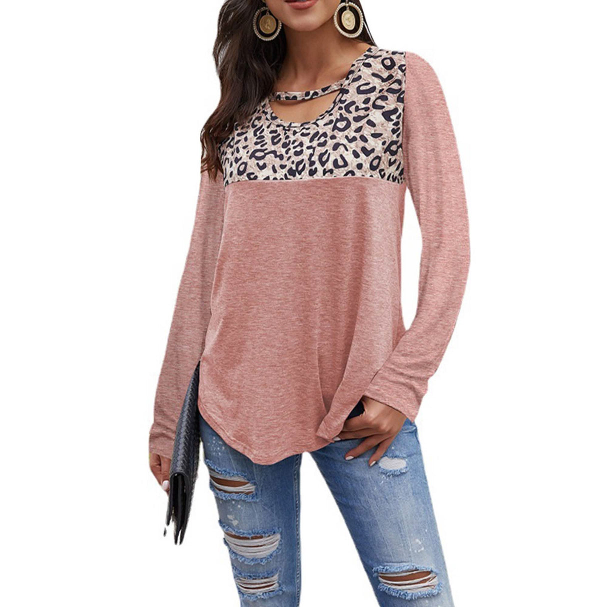 Womens Loose Tops Long Sleeve Tunic Color Block Casual Shirts