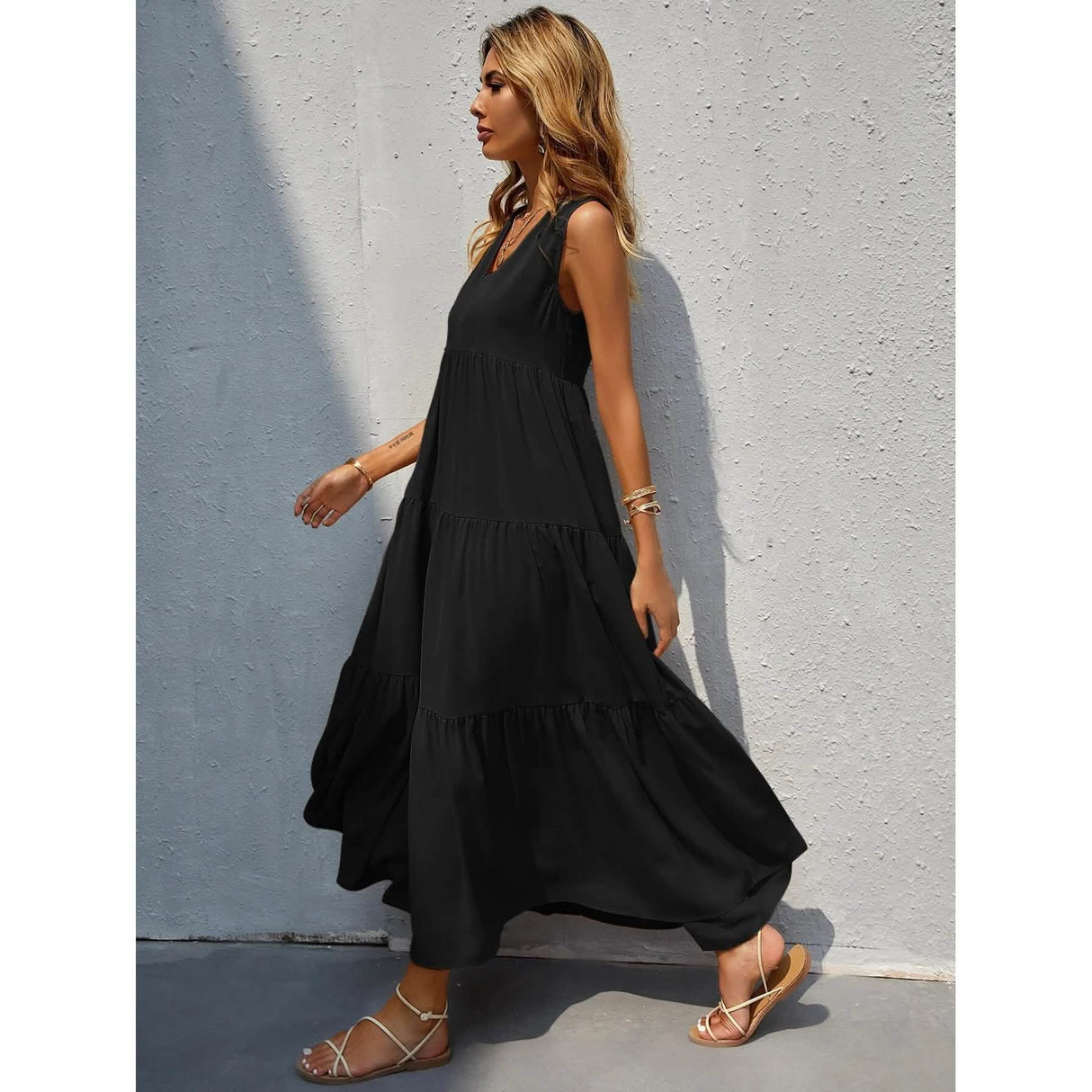 Women's V-neck Ruffle Hem Solid Dress