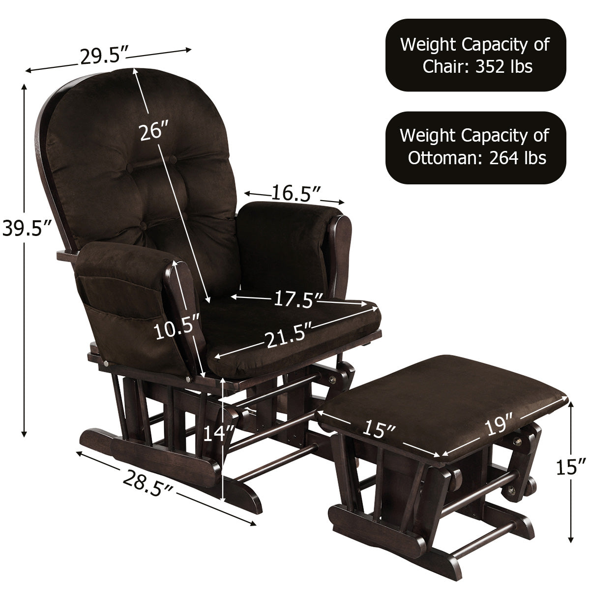 Wood Glider and Ottoman Set with Padded Armrests and Detachable Cushion-Brown