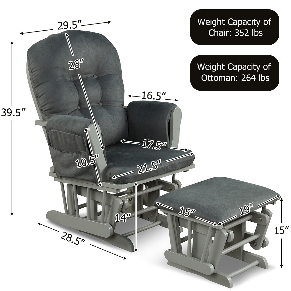 Wood Glider and Ottoman Set with Padded Armrests and Detachable Cushion-Brown
