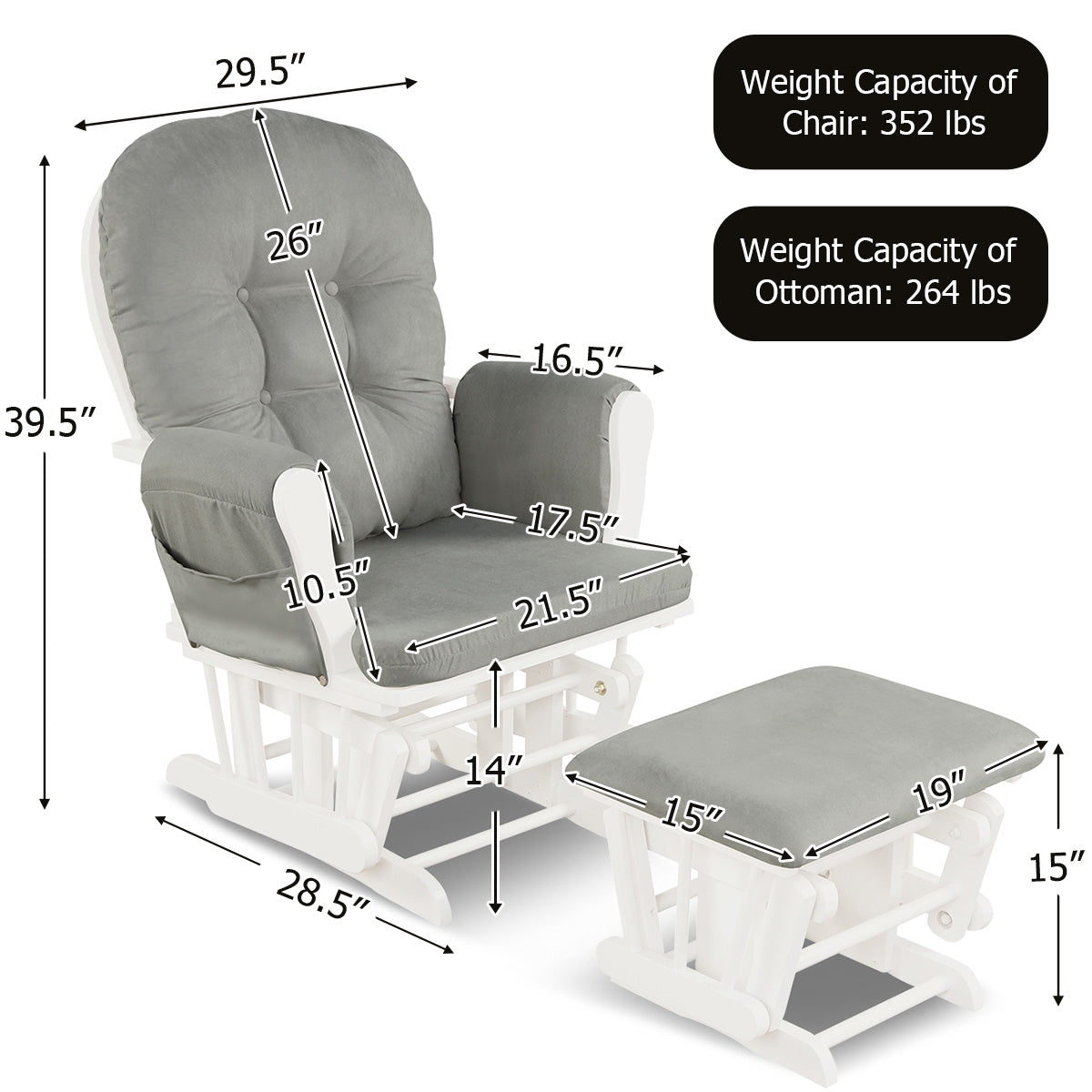 Wood Glider and Ottoman Set with Padded Armrests and Detachable Cushion-Brown