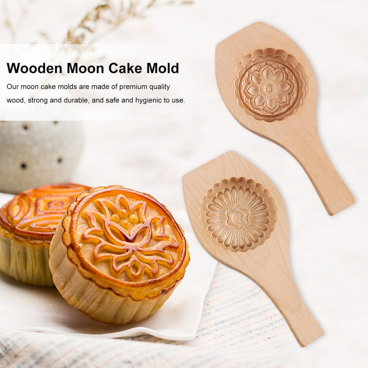 Wooden Tradition Moon Cake Molds Desserts Tools Cake Biscuit Baking Mold Three Dimensional Flower Pattern Wooden Mold Carved Round Wooden Mould Press Mooncake Mold Middle Eastern Cookie Cake Mold