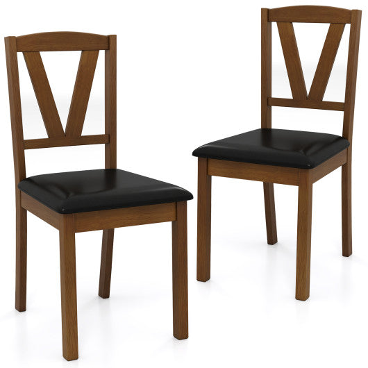 Wooden Dining Chair Set of 2 with PU Leather Upholstered and Rubber Wood Frame-Brown