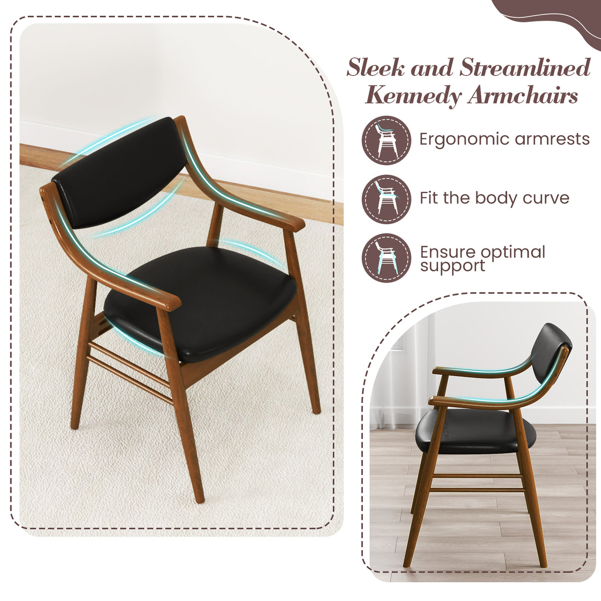 Wooden Dining Chair Set of 2 with Padded Seat and Back-Black
