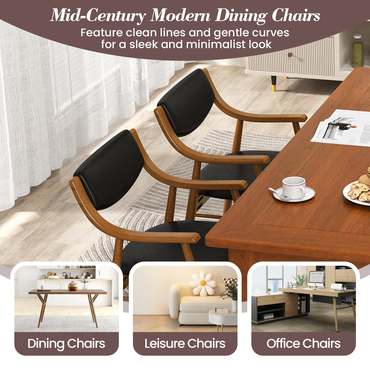 Wooden Dining Chair Set of 2 with Padded Seat and Back-Black