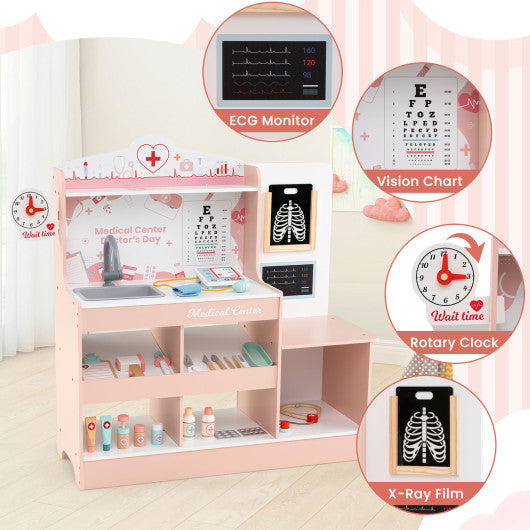 Wooden Doctor Playset with Stethoscope for Toddlers over 3 Years Old-Pink