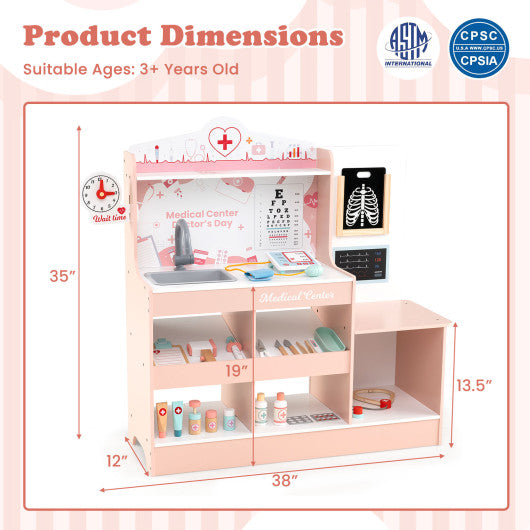 Wooden Doctor Playset with Stethoscope for Toddlers over 3 Years Old-Pink