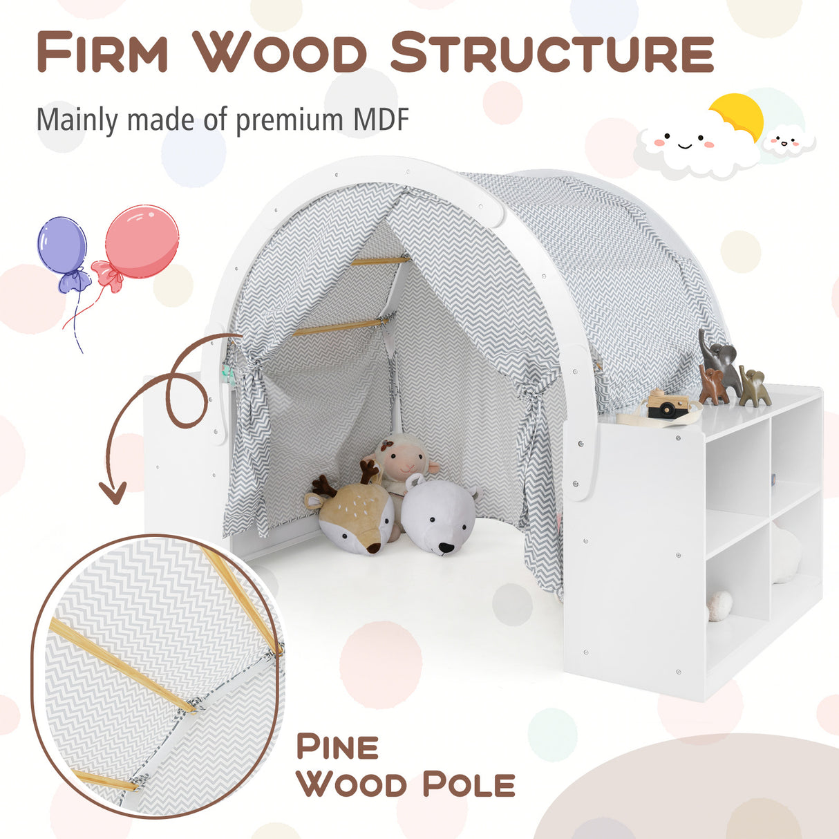 Wooden Kids Play Tent with Curtain Shades and 8 Cubbies-White