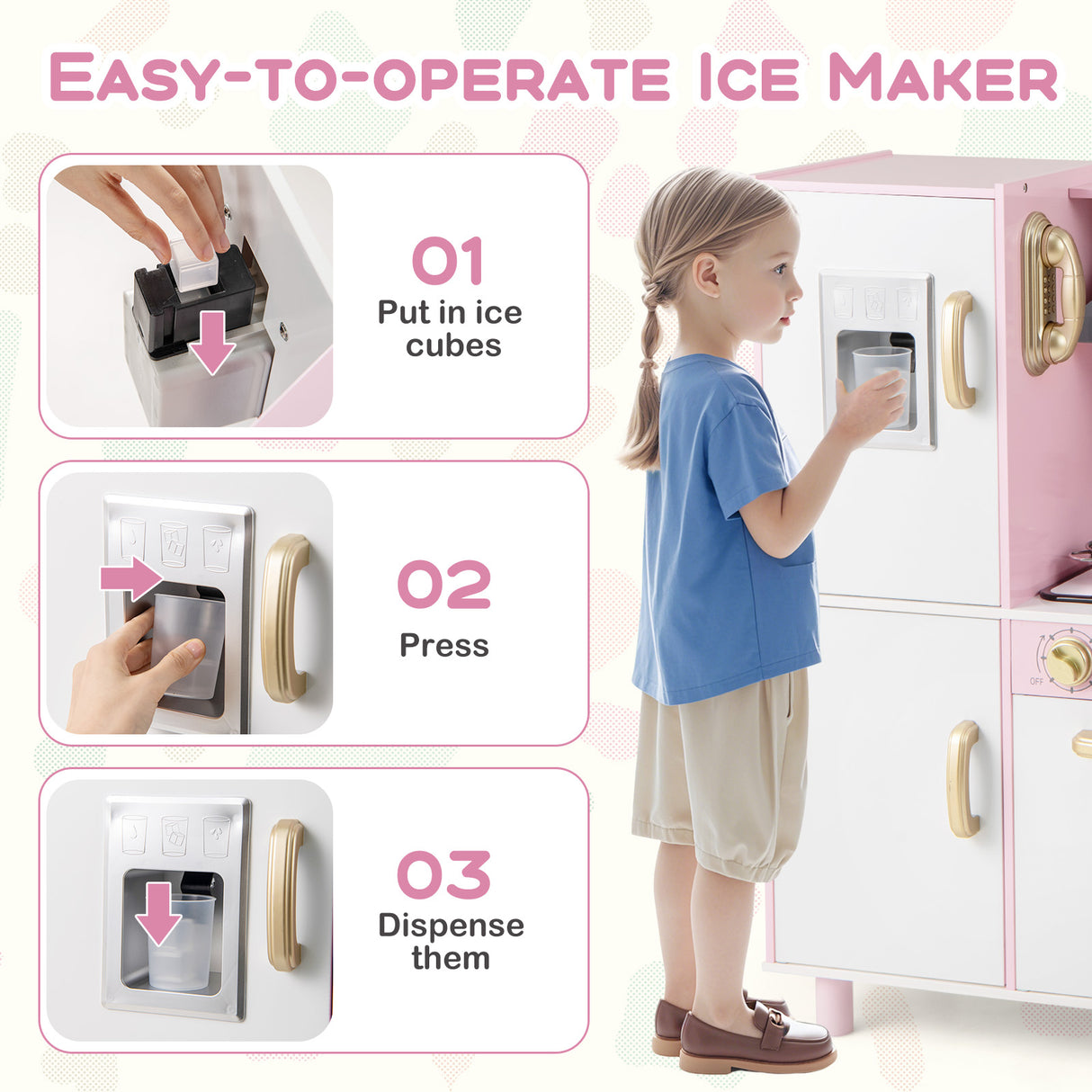 Wooden Kitchen Playset with Ice Maker and Sounds for Ages 3+-Pink