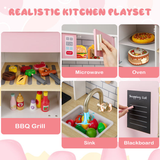 Wooden Pretend Play Kitchen with Ice Maker Range Hood and Blackboard-Pink