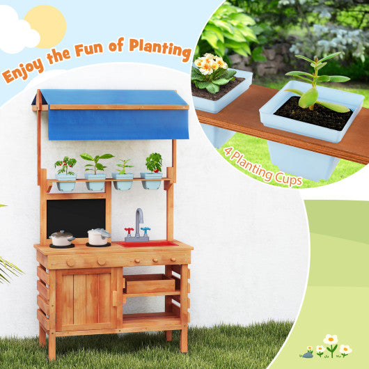 Wooden Pretend Play Kitchen with Height Adjustable Canopy for Kids-Natural