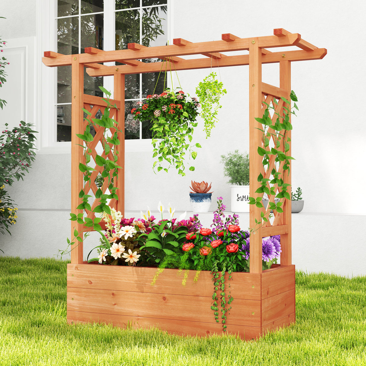 Patent Pending Wooden Raised Garden Bed with Trellis and Hanging Roof-Orange