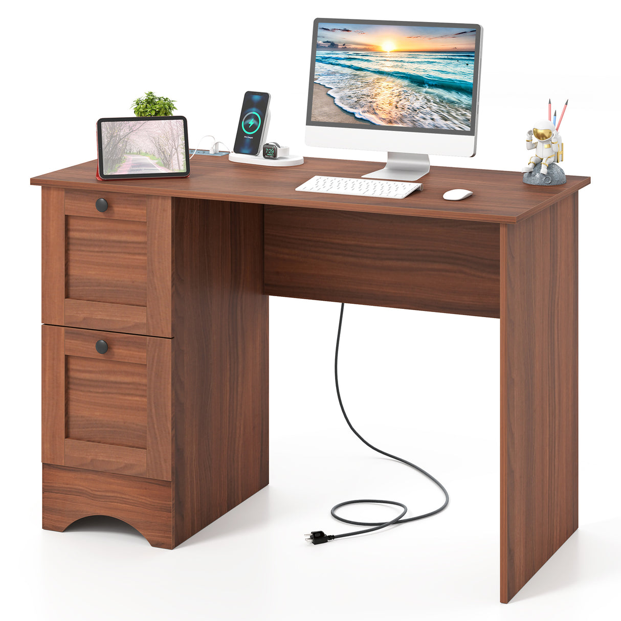 Wooden Vintage Computer Desk with 2 Drawers for Home and Office-Walnut