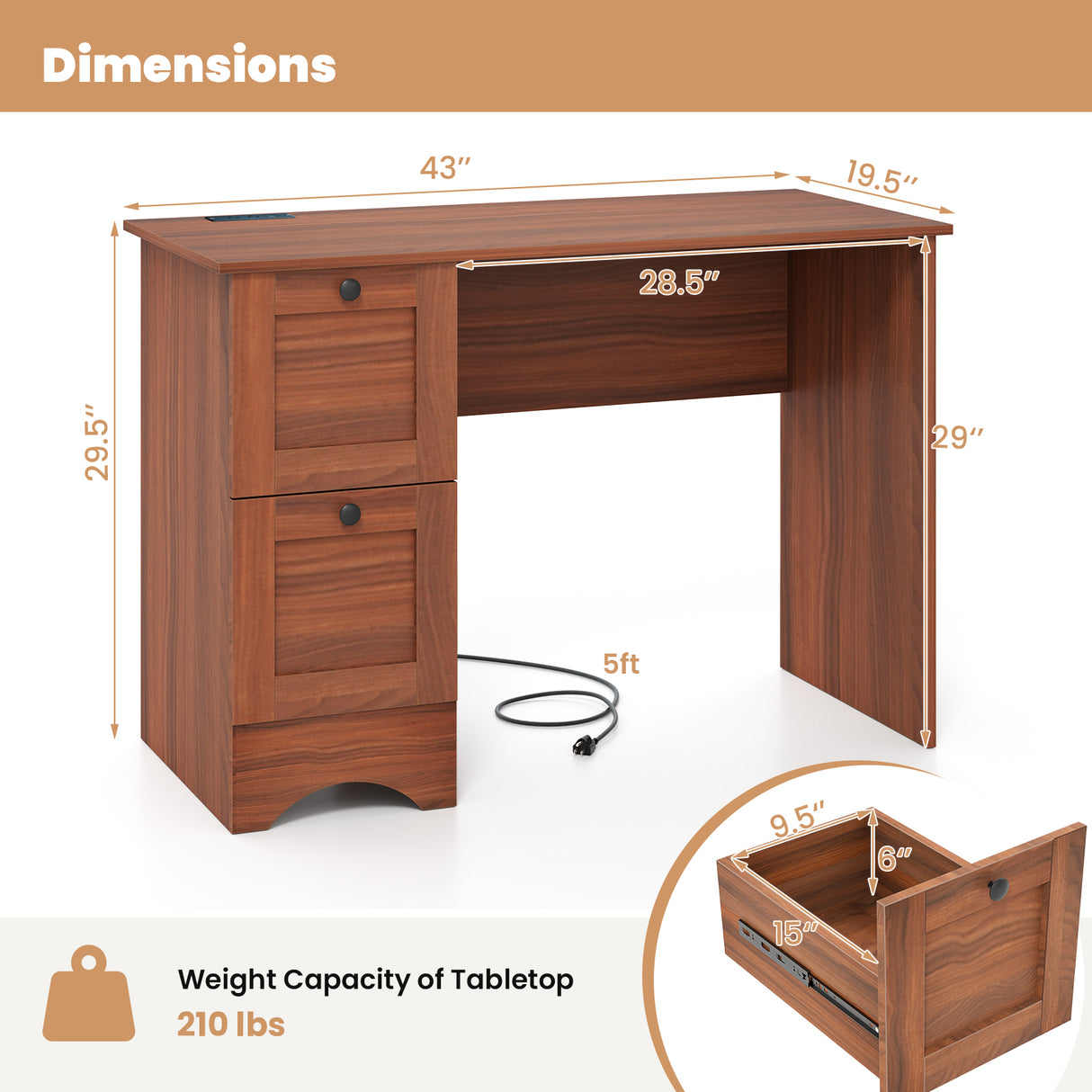 Wooden Vintage Computer Desk with 2 Drawers for Home and Office-Walnut
