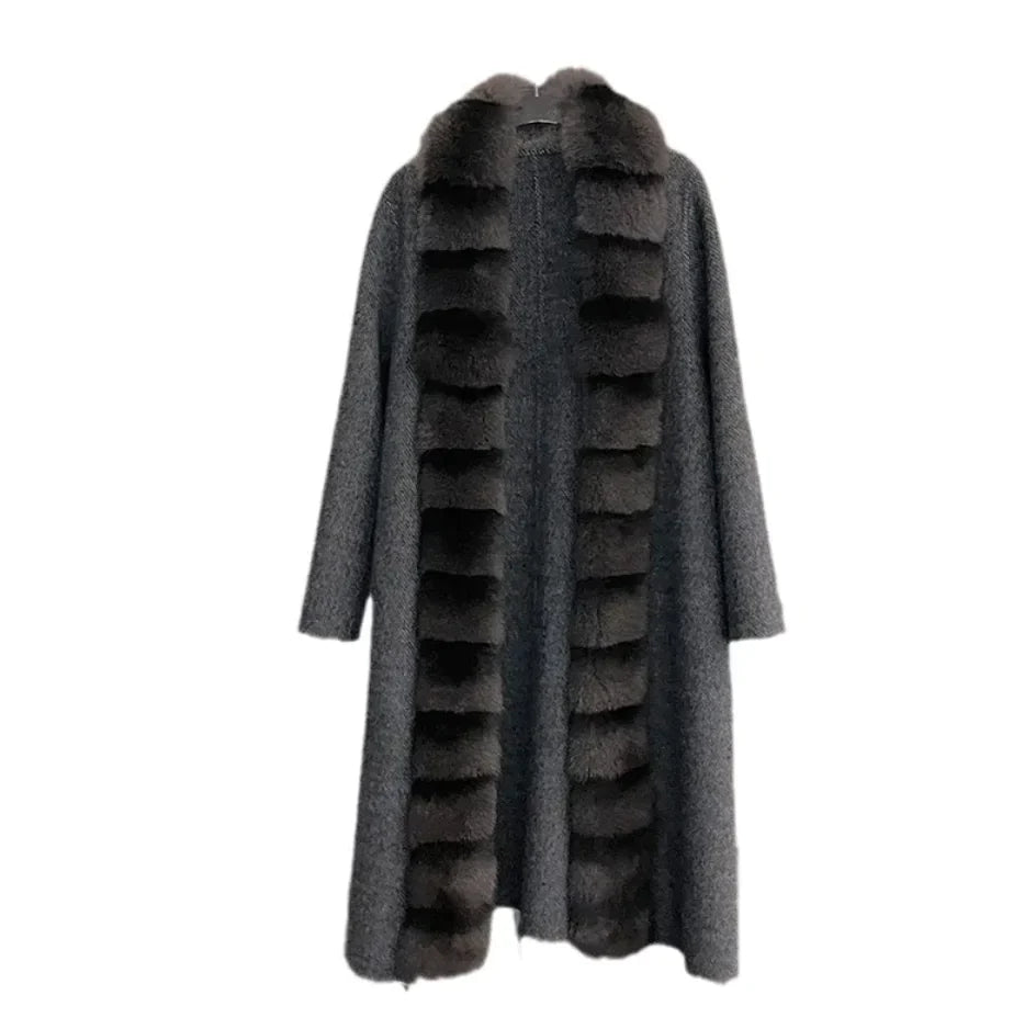 Alpaca Fleece Coat with Detachable Fox Fur Collar