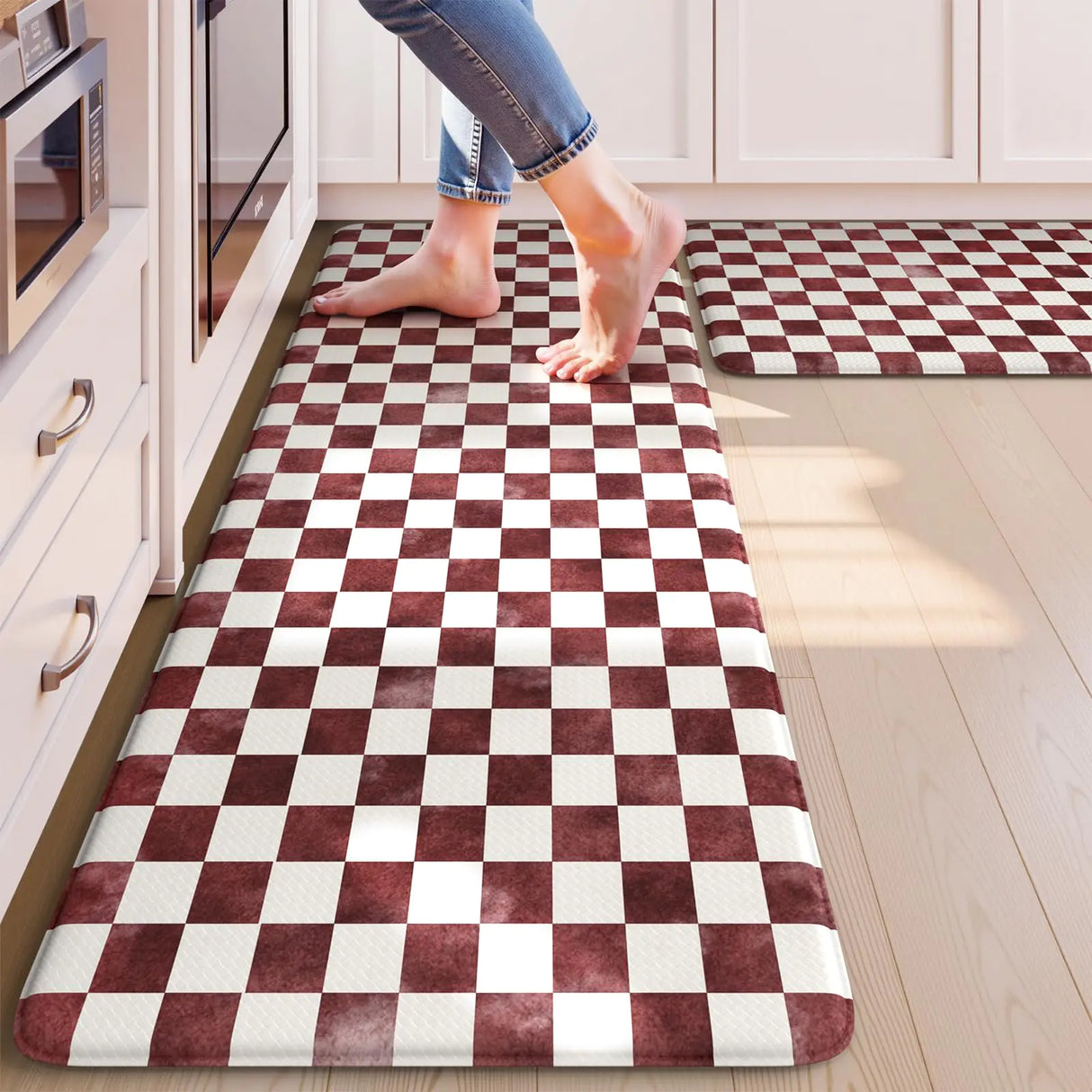 KIMODE Christmas Kitchen Mats Anti Fatigue Cushioned 17"x47"+17"x29" Red and White Plaid Kitchen Rugs Sets of 2 Memory Foam Kitchen Floor Mat Non Slip Standing Mats for Laundry Office Sink Desk