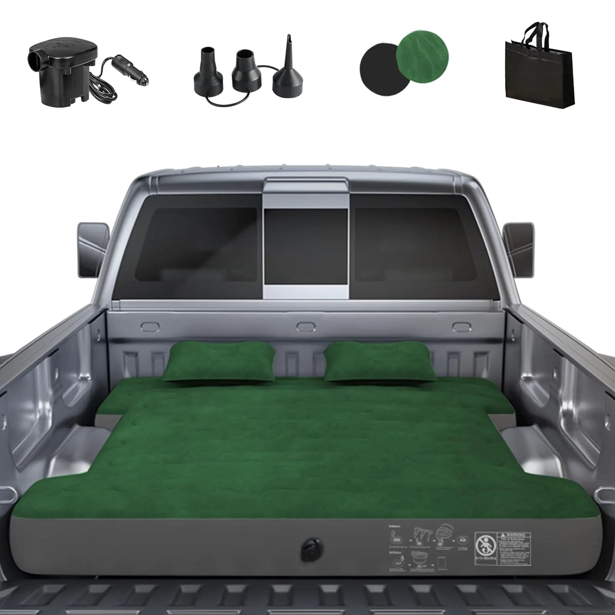 Uncle elk Truck Bed Air Mattress Full Size Truck Beds Inflatable Air Mattress Bed with Air Pump 2 Pillows Carry Bag Pickup Bed Air Mattress for Chevrolet Silverado Dodge Ram Ford Green