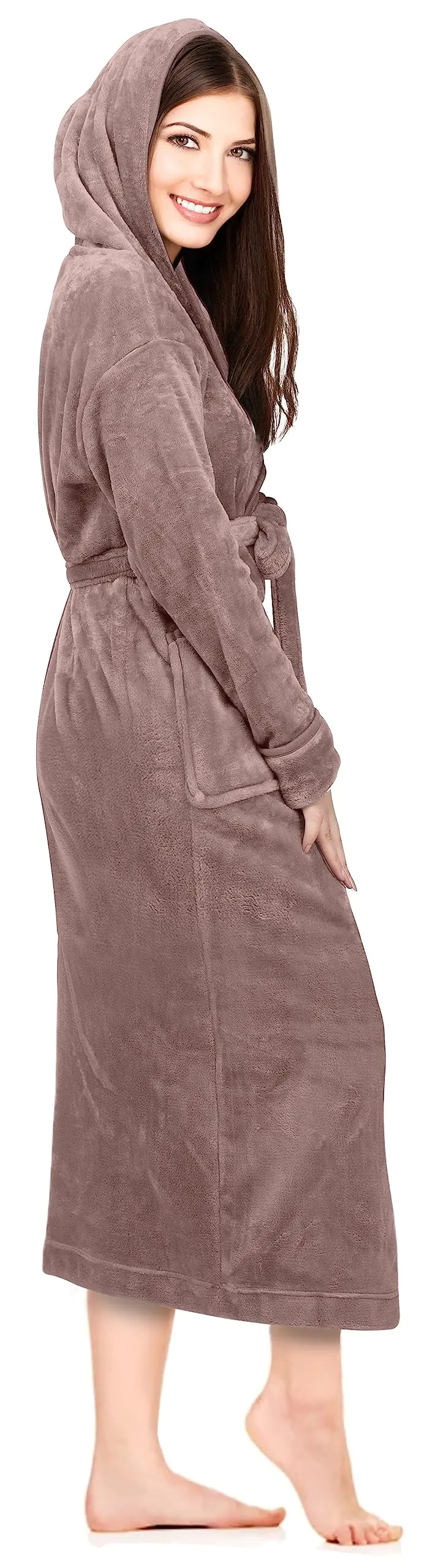 NY Threads Women's Fleece Hooded Bathrobe Plush Long Spa Robe X-Large Taupe