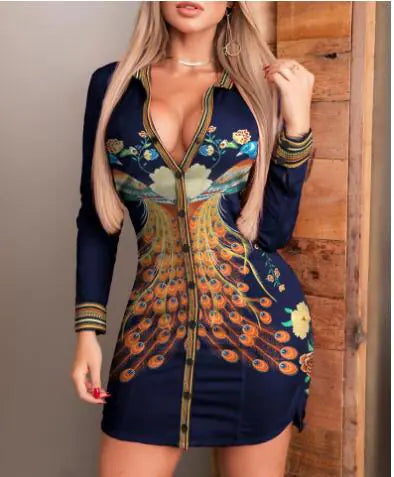 Tanya Dress - Long Sleeve Printed Shirt Dress (One Piece)