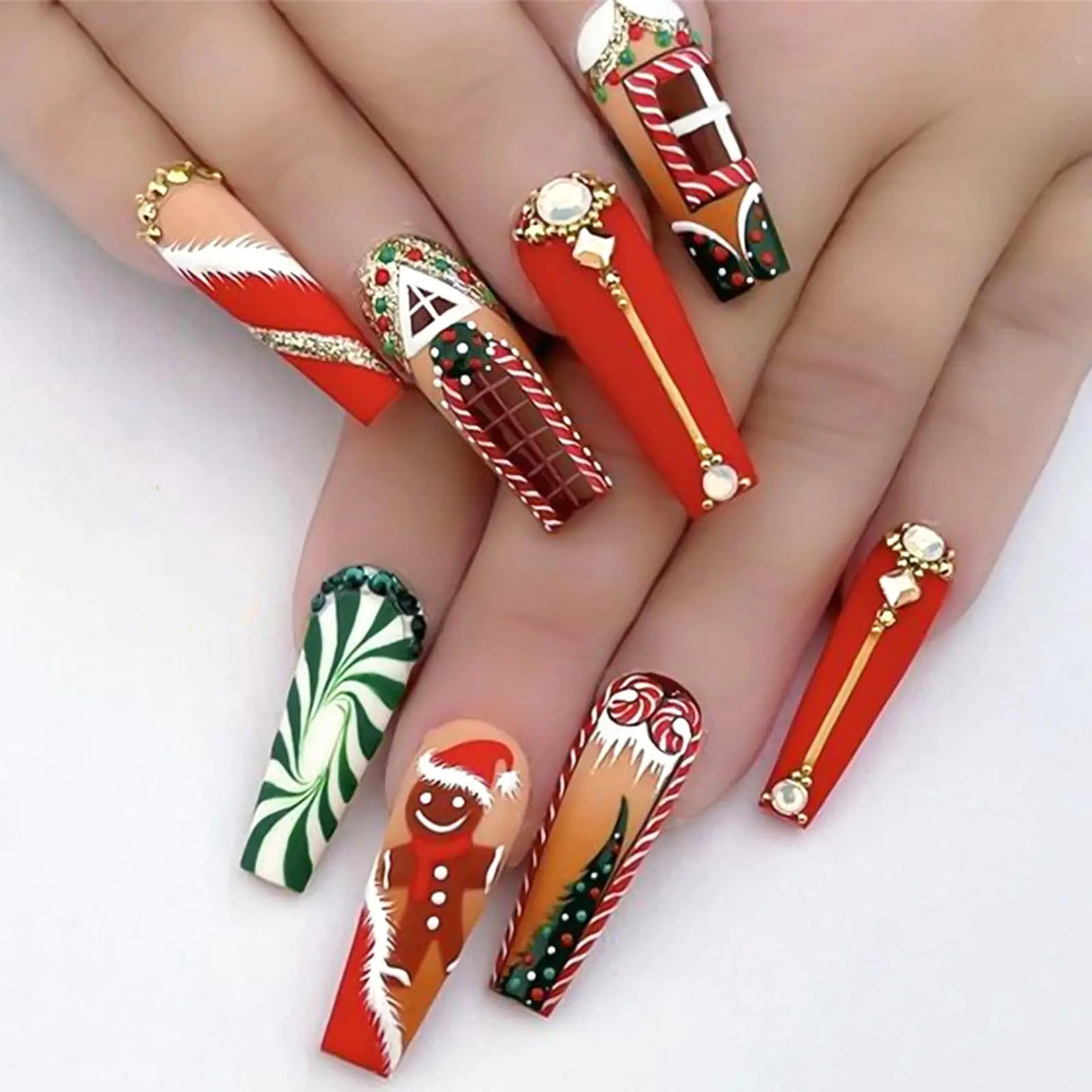 RUOKEXIN Christmas Press on Nails Long Coffin Fake Nails Red False Nails with Rhinestones Designs Christmas Nails Christmas Glue on Nails Christmas Artificial Nails Christmas Stick on Nails for Women