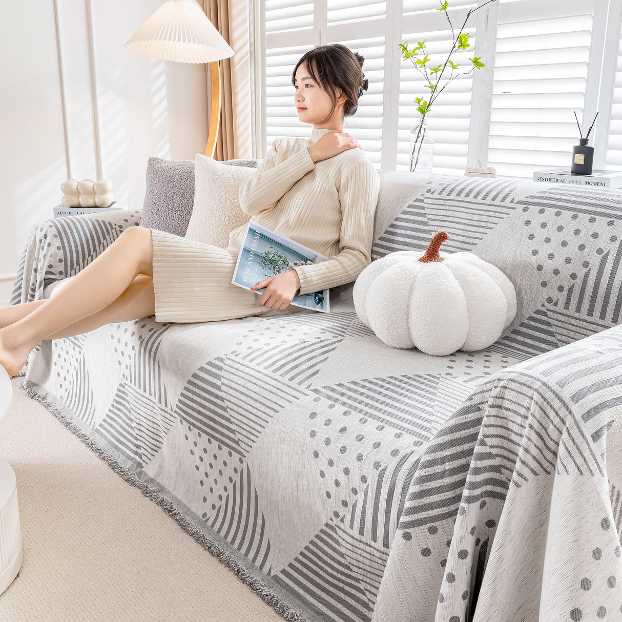 Chenille Geometric Patterned Sofa Throw, Couch Covers for Sectionals for Pets, Throw Cover for Couch