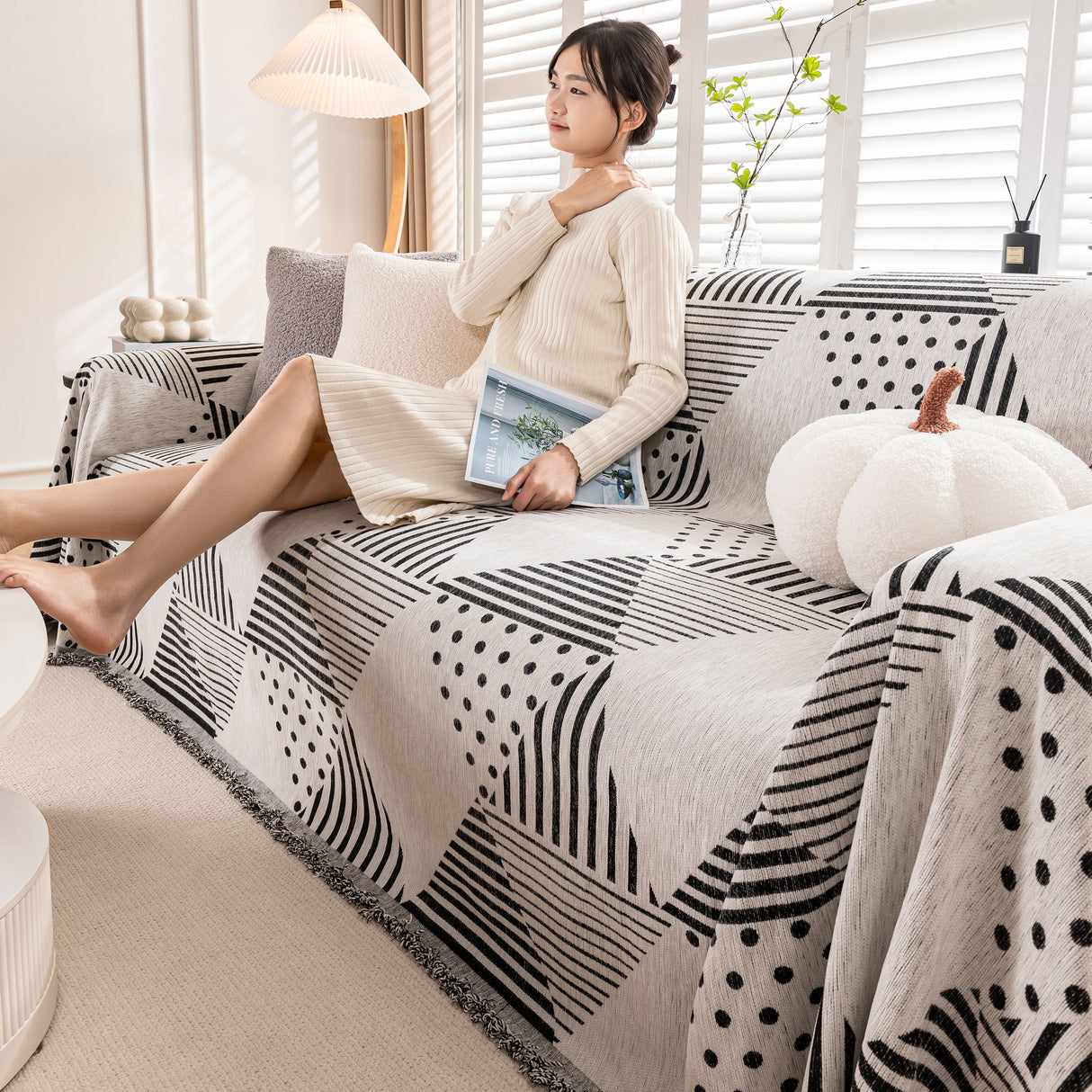 Chenille Geometric Patterned Sofa Throw, Couch Covers for Sectionals for Pets, Throw Cover for Couch