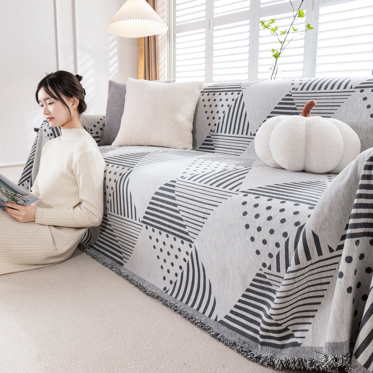 Chenille Geometric Patterned Sofa Throw, Couch Covers for Sectionals for Pets, Throw Cover for Couch