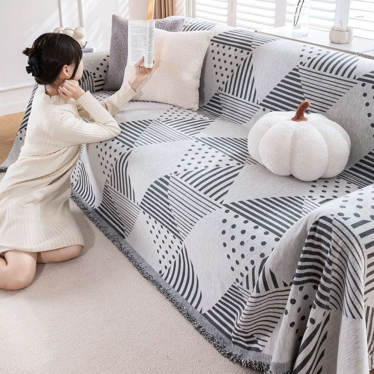 Chenille Geometric Patterned Sofa Throw, Couch Covers for Sectionals for Pets, Throw Cover for Couch