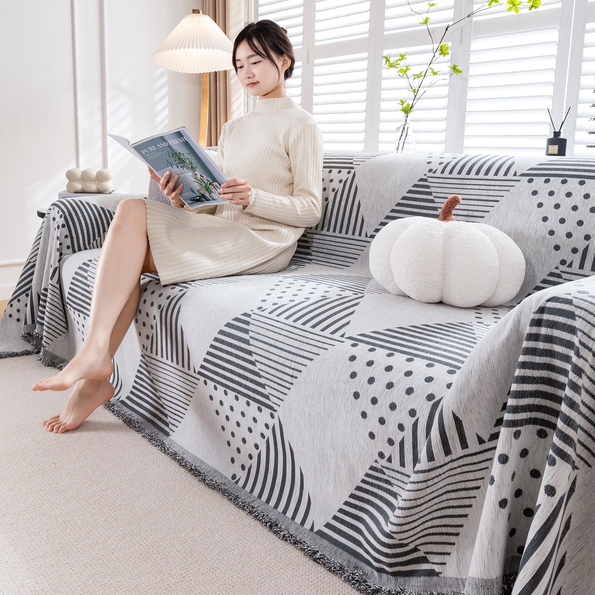 Chenille Geometric Patterned Sofa Throw, Couch Covers for Sectionals for Pets, Throw Cover for Couch