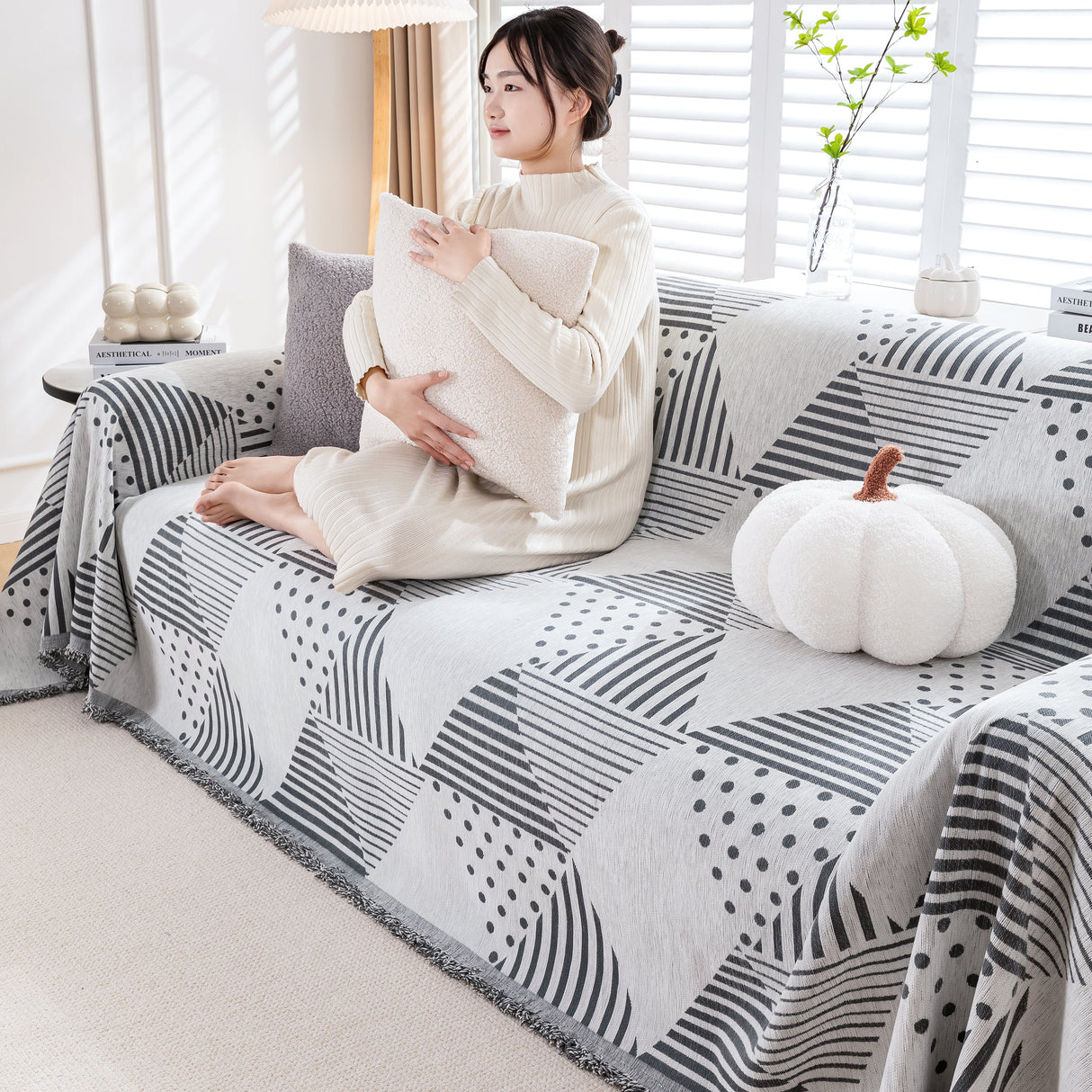 Chenille Geometric Patterned Sofa Throw, Couch Covers for Sectionals for Pets, Throw Cover for Couch