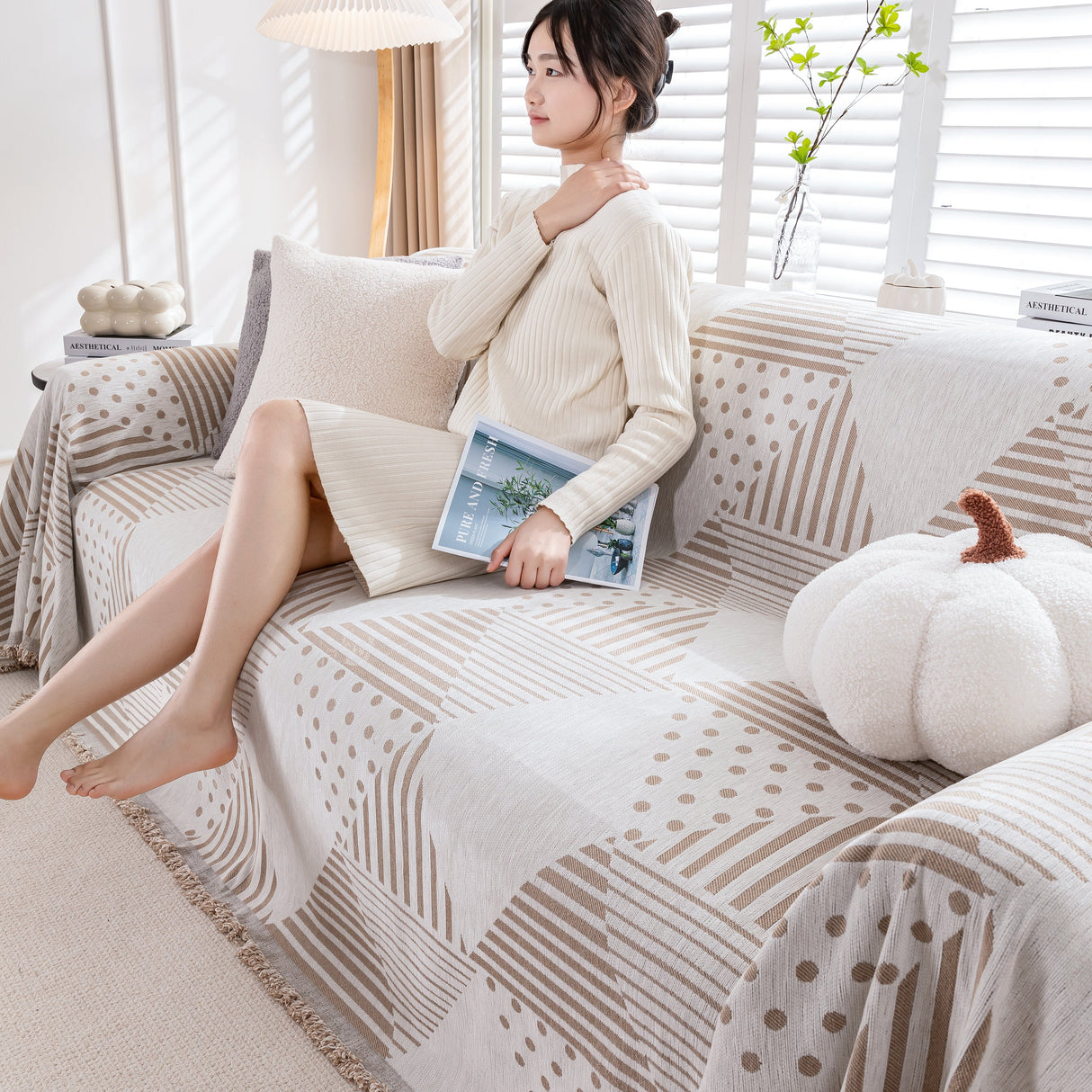 Chenille Geometric Patterned Sofa Throw, Couch Covers for Sectionals for Pets, Throw Cover for Couch