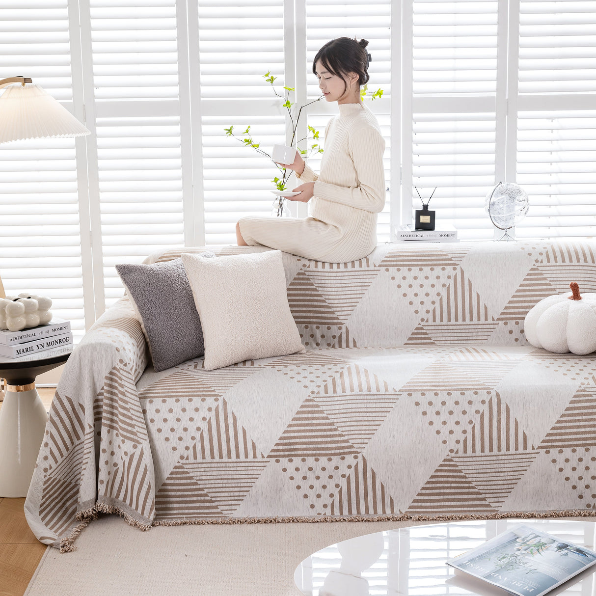 Chenille Geometric Patterned Sofa Throw, Couch Covers for Sectionals for Pets, Throw Cover for Couch