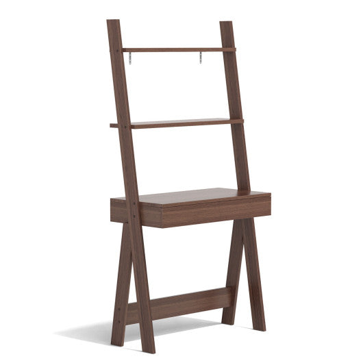 Ladder Shelf Desk Bookcase with Countertop Drawer and 2 Shelves-Walnut