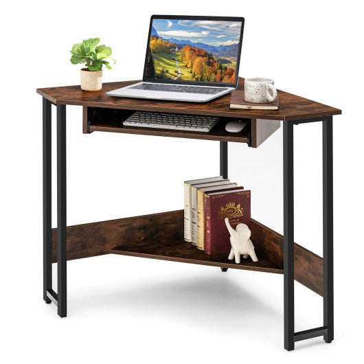 Triangle Corner Computer Desk with Keyboard Tray-Rustic Brown