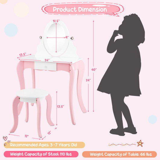 Pretend Kids Vanity Set with 360 ° Rotatable Mirror and Play Accessories