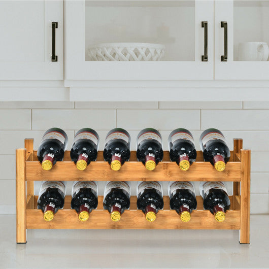2-Tier 12 Bottles Bamboo Storage Shelf Wine Rack-Natural