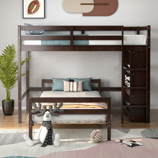 Twin Over Twin Loft Bunk Bed with Bookcase-Dark Brown