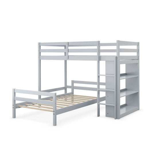 Twin Over Twin Loft Bunk Bed with Bookcase-Gray