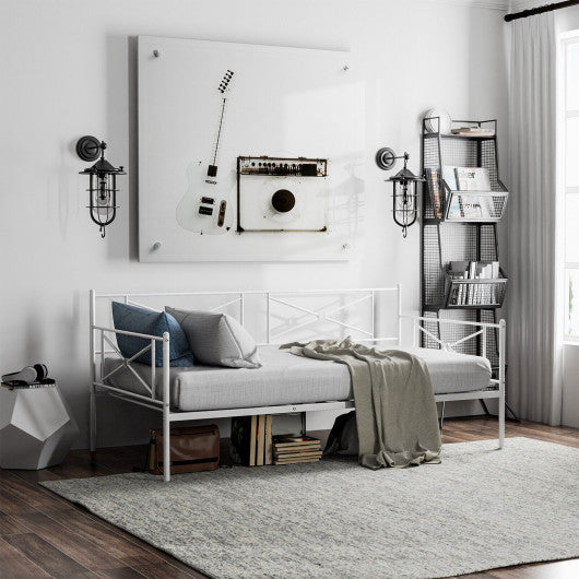 Metal Daybed Twin Bed Frame Stable Steel Slats Sofa Bed-White
