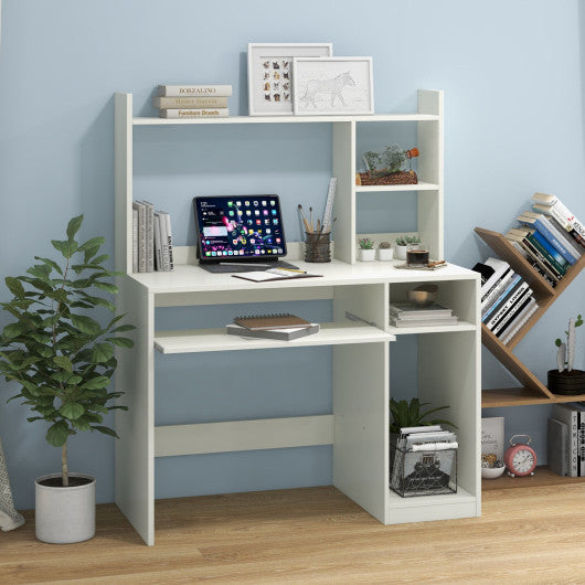 Home Office Computer Desk with Bookcase Keyboard Tray and CPU Stand-White