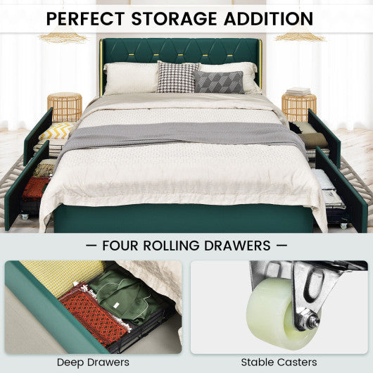 Full/Queen Size Upholstered Bed Frame with 4 Drawers-Green-Full Size