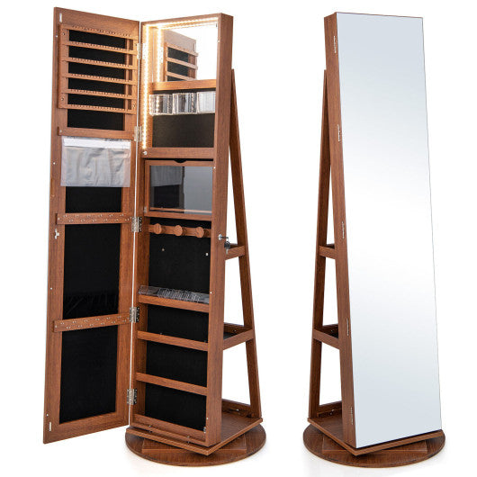 360 ° Rotating Mirrored Jewelry Cabinet Armoire 3 Color LED Modes Lockable-Dark Brown
