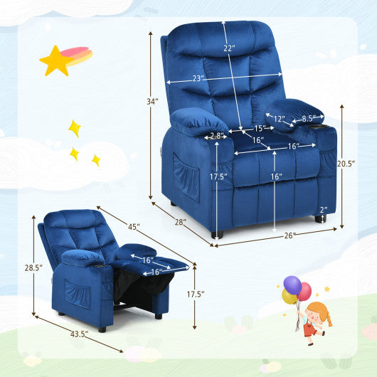 Kids PU Leather/Velvet Fabric Kids Recliner Chair with Cup Holders-Light Blue