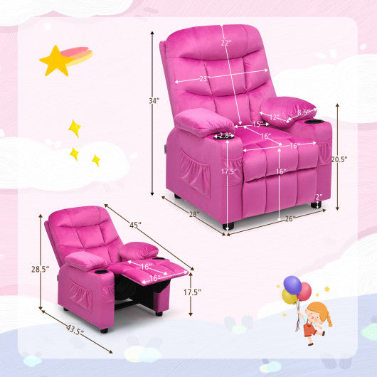 Kids PU Leather/Velvet Fabric Kids Recliner Chair with Cup Holders-Pink