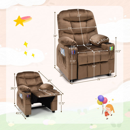 Kids PU Leather/Velvet Fabric Kids Recliner Chair with Cup Holders-Light Brown