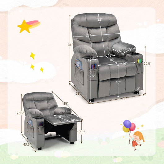 Kids PU Leather/Velvet Fabric Kids Recliner Chair with Cup Holders-Light Gray