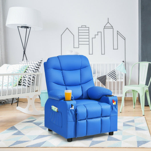 PU Leather Kids Recliner Chair with Cup Holders and Side Pockets-Blue