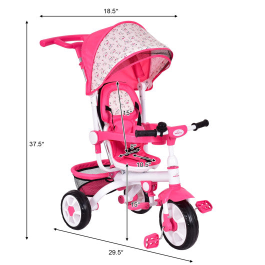 4-in-1 Detachable Baby Stroller Tricycle with Round Canopy -Pink