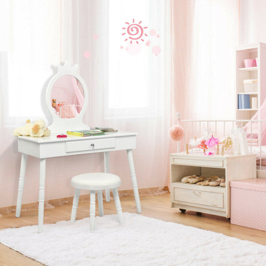 Kids Vanity Makeup Table & Chair Set Make Up Stool-White